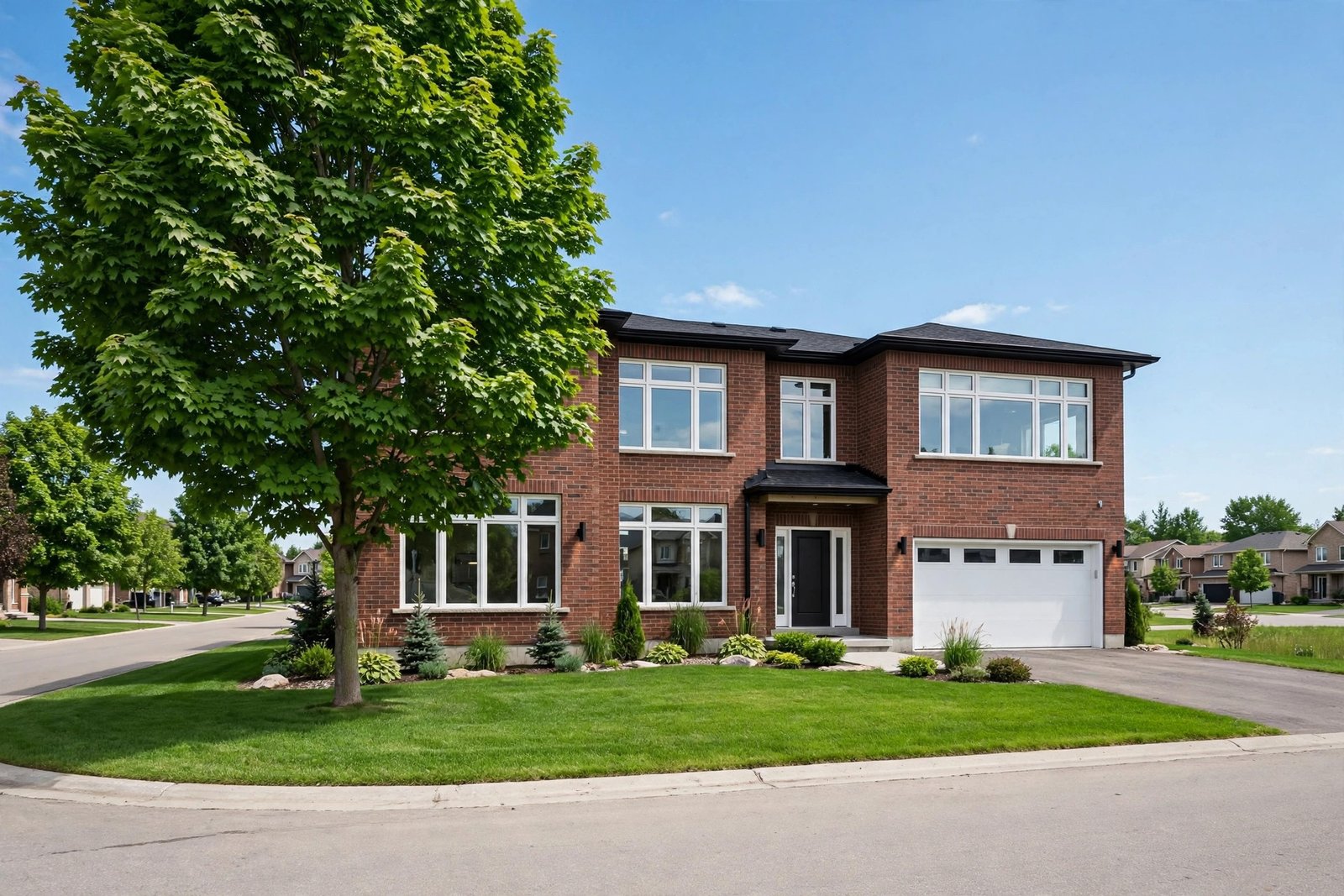 New white-framed windows and entry door on a suburban Ontario home